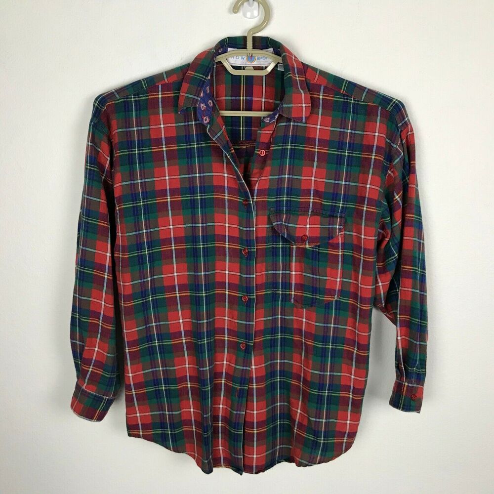 Vintage 1980s Shirt Blouse Size 6 Multicolor Long Sleeve Cotton Button Flannel